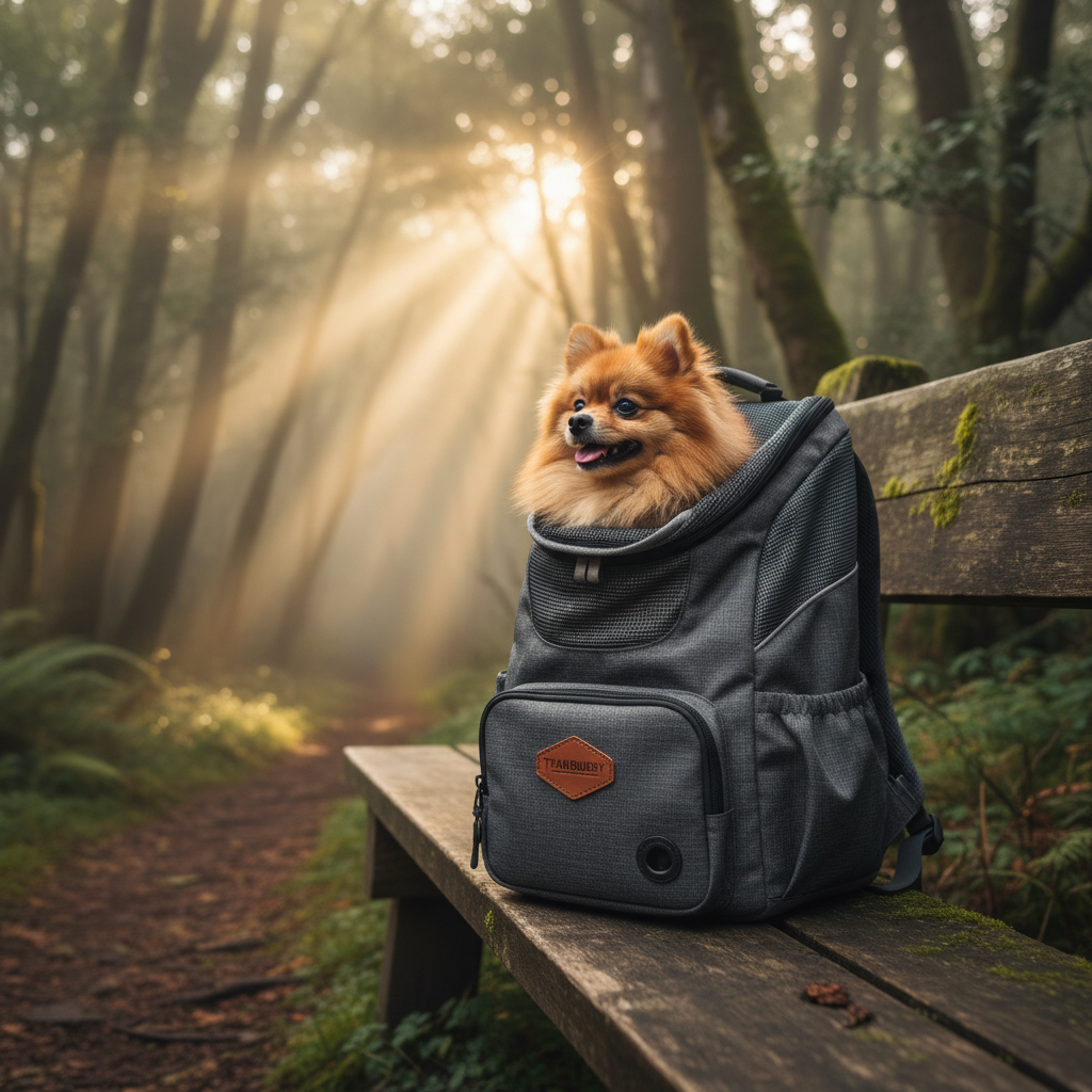 안개가 자욱한 숲길 옆 나무 벤치에 놓인 하이킹용 짙은 회색 반려동물 캐리어 백팩. 백팩 윗부분으로 고개를 내민 작은 포메라니안과 나무 사이로 비치는 햇살이 조화를 이루는 전문적인 라이프스타일 샷.
