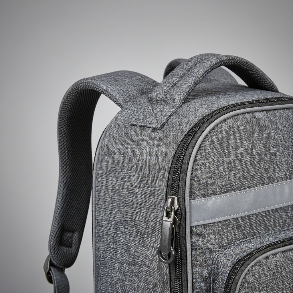 강화된 지퍼, 반사 스트립, 두꺼운 패딩 어깨끈 등 프리미엄 반려동물 백팩의 안전 기능을 강조한 근접 촬영 이미지. 제품의 견고한 마감 품질을 돋보이게 하는 중립적인 회색 스튜디오 배경.