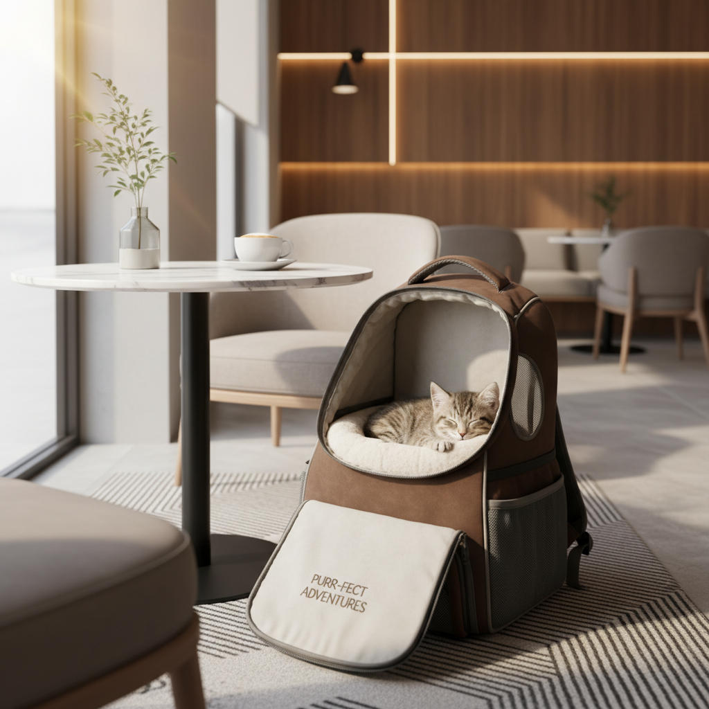 현대적인 카페에서 이동식 침대로 사용 중인 반려동물 백팩의 아늑한 실내 사진. 대리석 테이블과 라떼 옆 스타일리시한 러그 위에 놓인 열린 백팩 안에서 잠든 새끼 고양이의 모습.